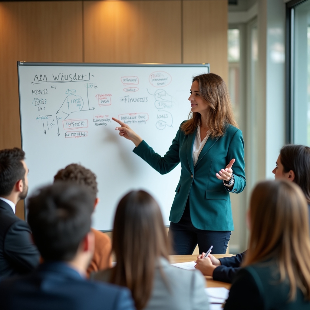 Experienced facilitator presenting financial concepts using a whiteboard, engaging with workshop participants in a bright modern room