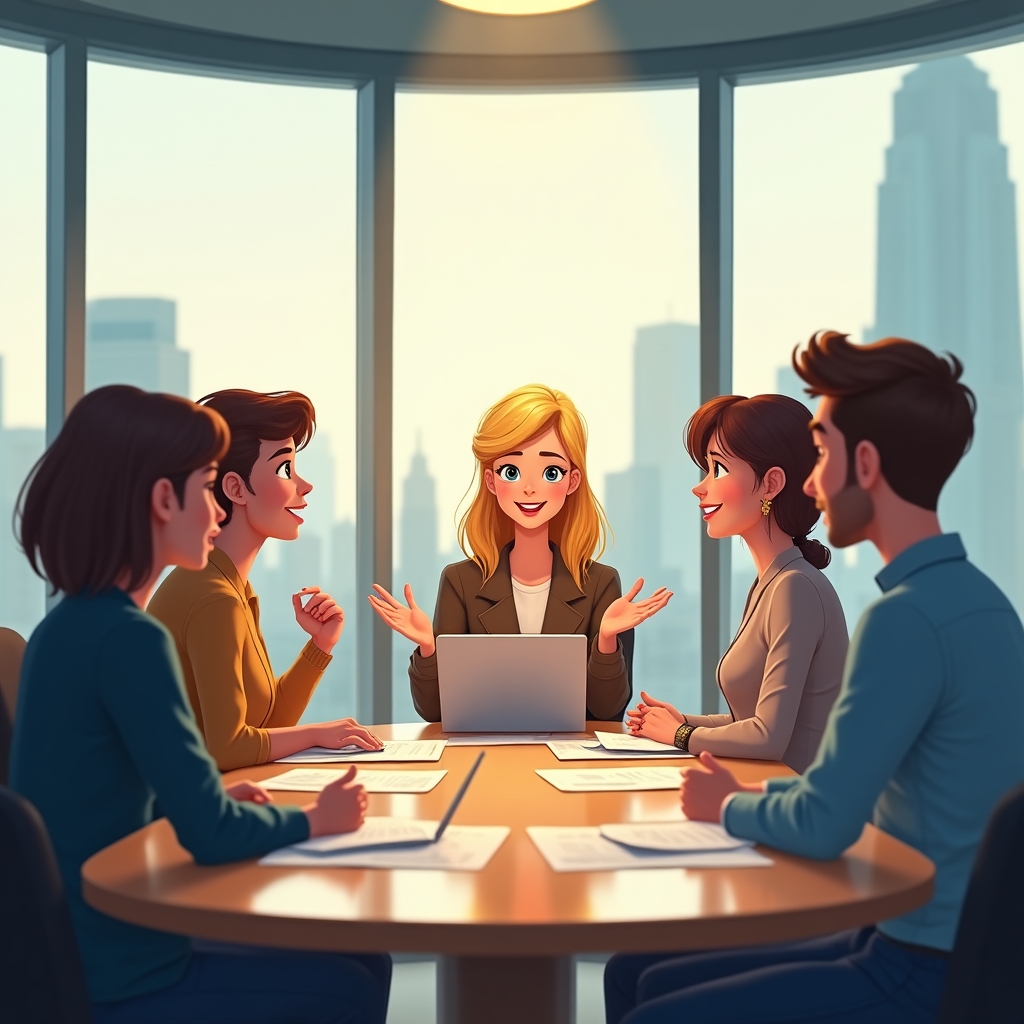 Small group of young adults in an animated discussion during a financial workshop, seated around a modern conference table