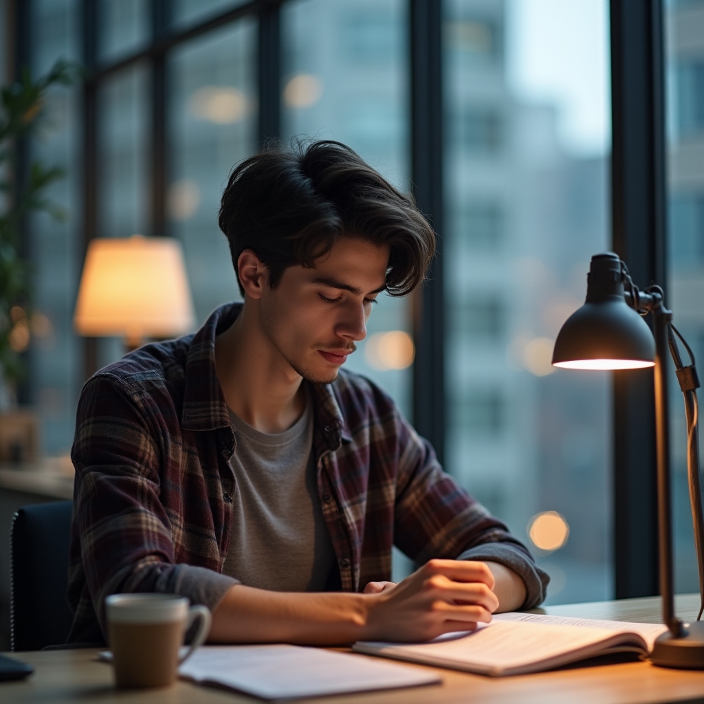 Young professional reviewing financial learning materials with focus and confidence