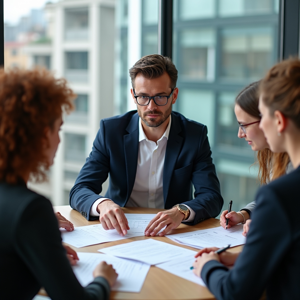 Facilitator guiding a small group through practical financial exercises at a round table